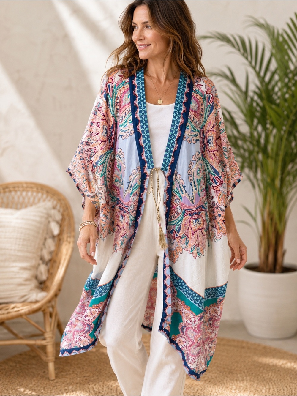 Chico’s 100% Silk Paisley Kimono Duster Tie Front Boho L/XL